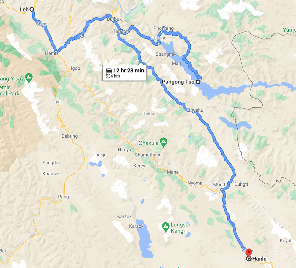 Map of Leh to Pangong Lake and Hanle