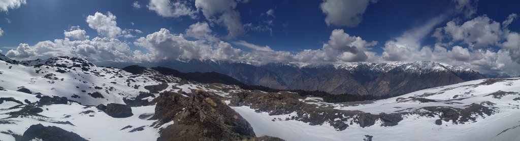 Panaromic view of Himalayan ranges(Trishul) from a trek point at Auli