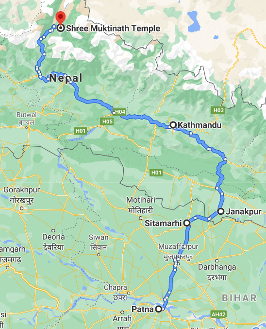 Patna Sitamarhi Janakpur Kathmandu Pokhara Jomsom Muktinath Map