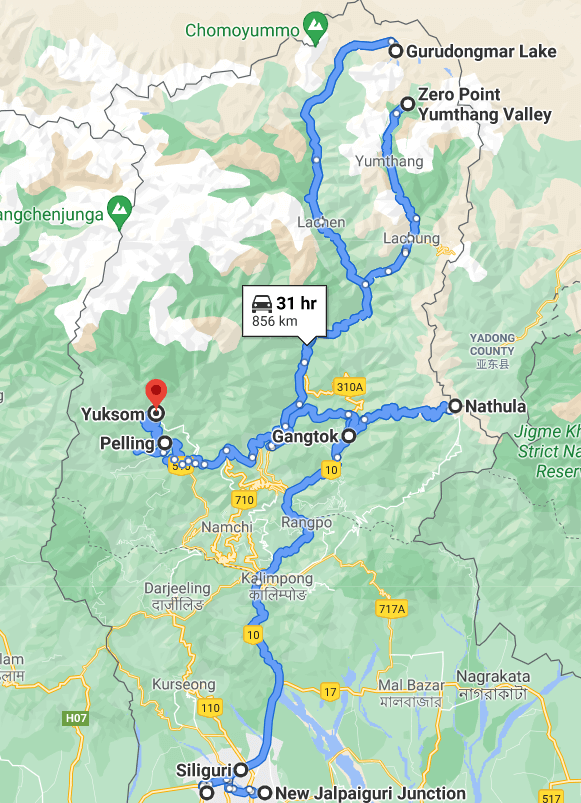 A road travel guide map from Gangtok to NathuLa,pelling,Yumthang and Gurudongmar Lake