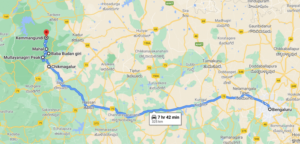 Bengaluru-Hassan-Chikmagalur-Mullayanagiri-Bababudangiri-KR hills road rourte Map