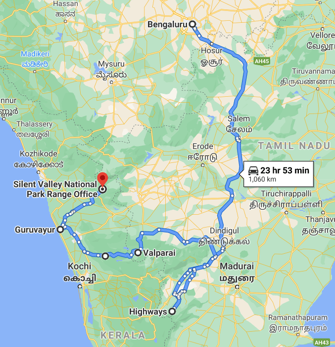 Bengaluru-Highways-Valaparai-Athirapally Falls-Guruvayur-Silent Valley Road route map