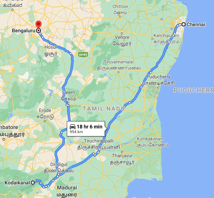 Bengaluru or Chennai-Salem-Dindigul-Kodaikanal road route