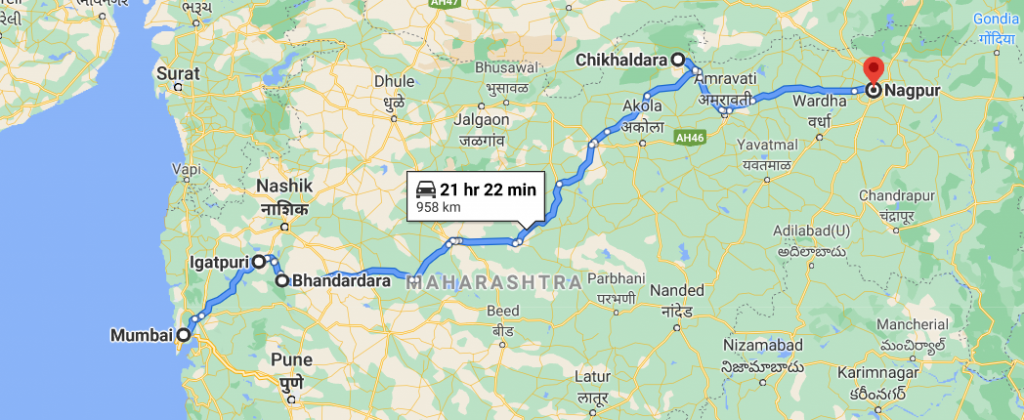 Bhandardara and Chikhaldara route route from Mumbai to Nagpur