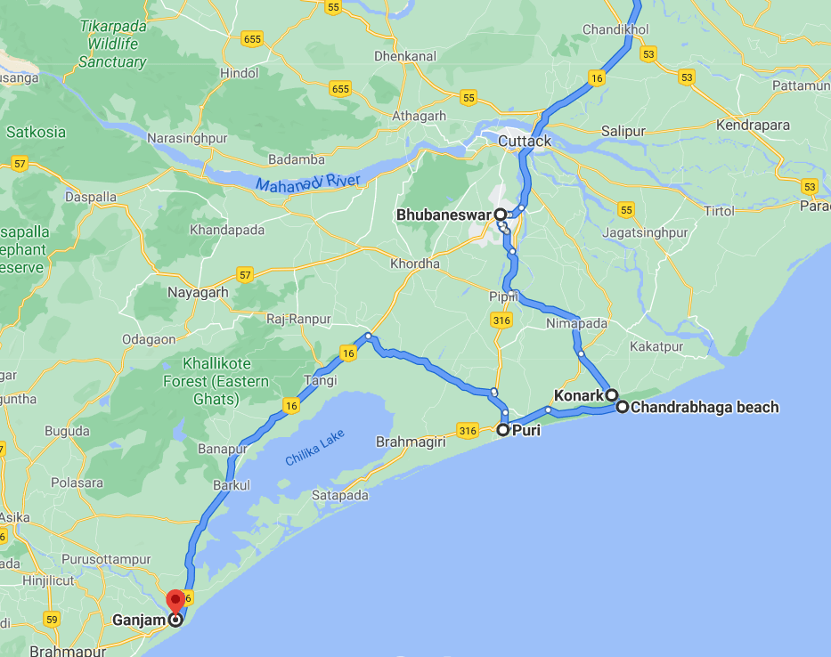 Bhubaneshwar-Konark-Chandrabhaga-PPuri-Chilika Map