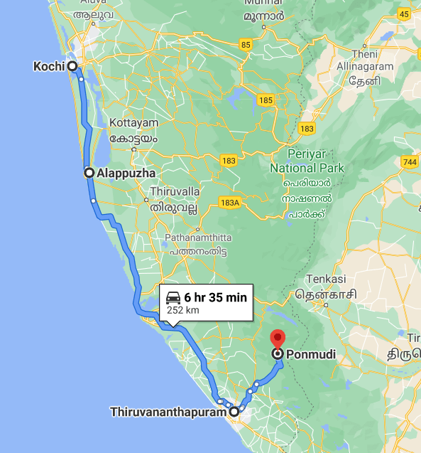 Kochi-Alappuzha-Thiruvananthapuram-Ponmudi Map