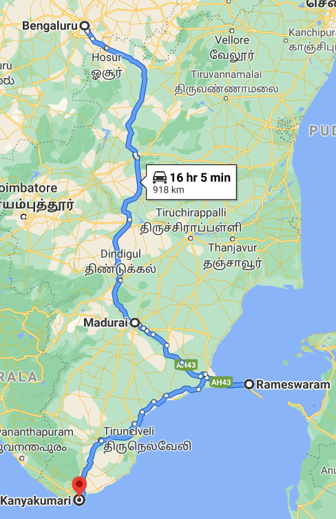 Madurai-Rameswarm -Kanyakumari Route Map