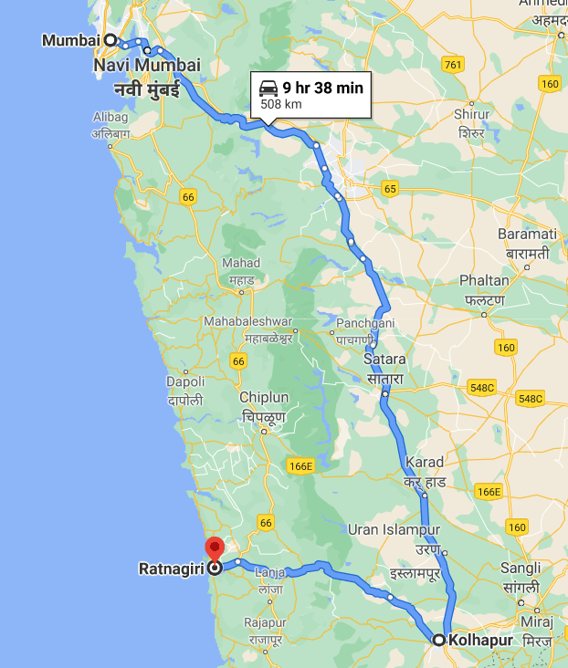 Mumbai-Kohlapur-Ratnagiri Map via Pune and Satara