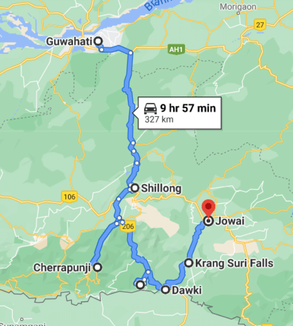 Shillong-mawlynnong-dawki-jowai classic road map