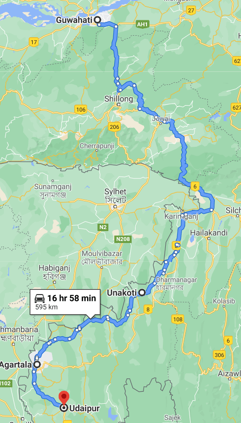 Unakoti-Agartala-Udaipur road guide map